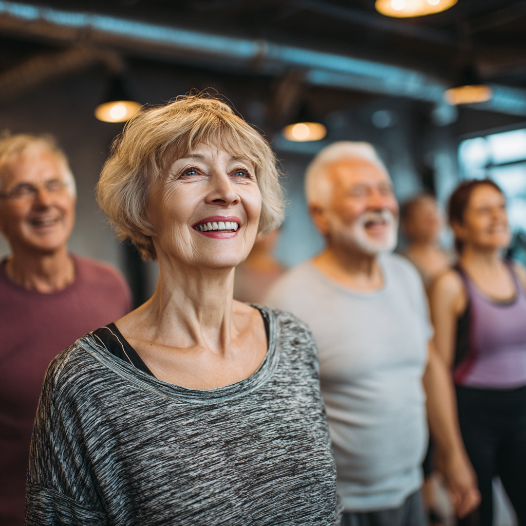 Group of smiling Ukrainian adults of various ages engaged in fitness activities